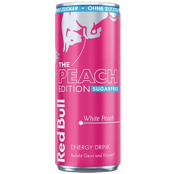 Red Bull Peach Edition Sugarfree White Peach 0,25-l-Einwegdose – zuckerfreie Red-Bull-Edition mit White-Peach-Geschmack, 80 mg Koffein pro Dose, zzgl. 0,25 € Dosenpfand.